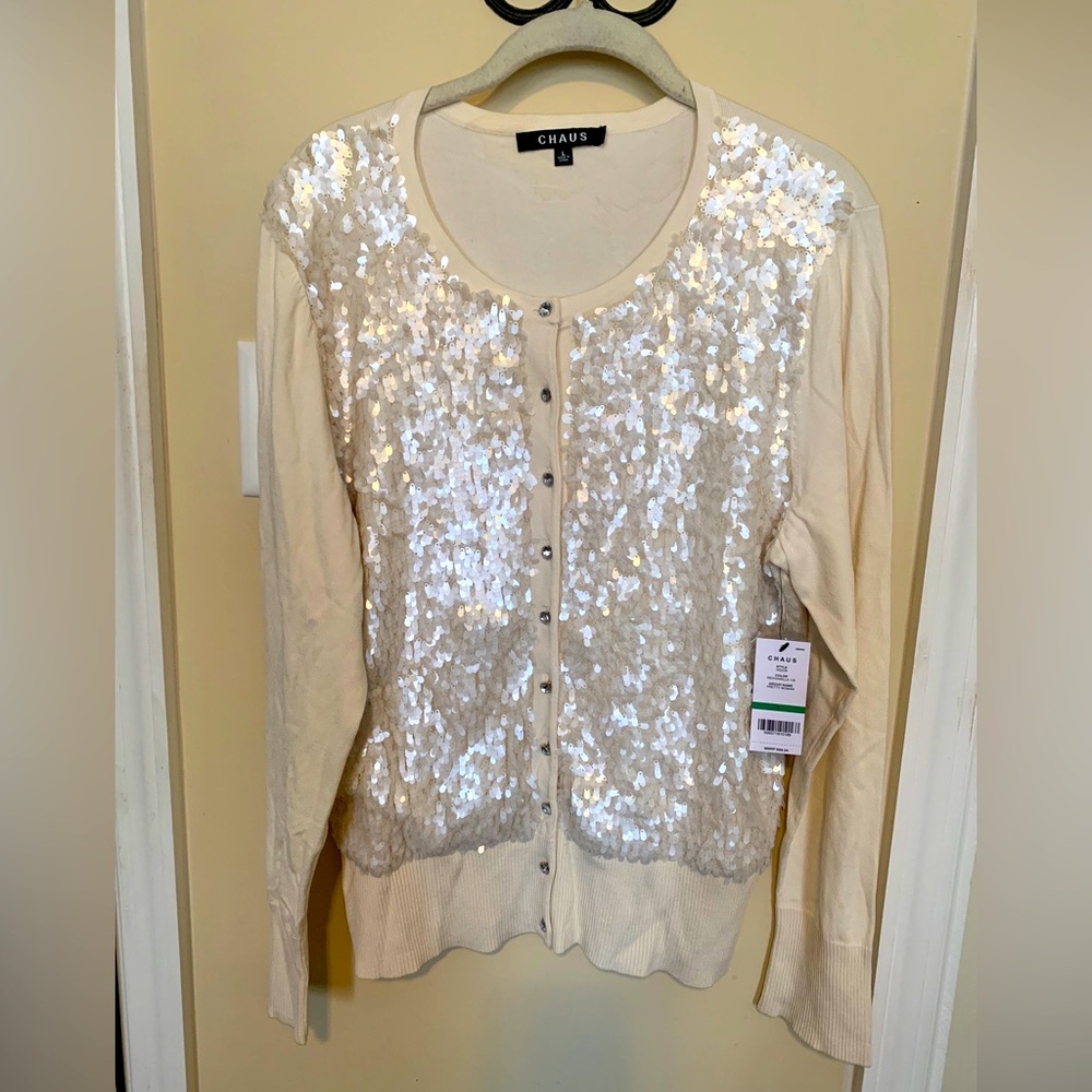 Chaus Embellished “Pretty Woman” Rich Vanilla Cardigan w/ Faux Diamond Buttons